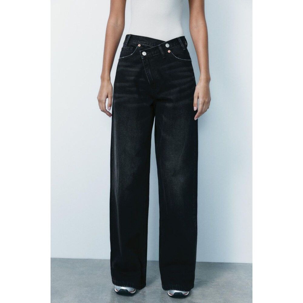 Black Denim Zara Mid-Rise Asymmetrical Crossed Waist Wide-Leg Long Jeans (NWT)